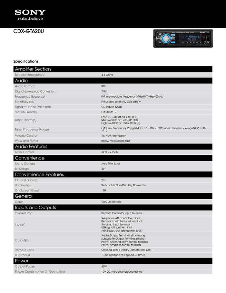 Sony CDX-GT620U Specification Sony CDX-GT620U Specification