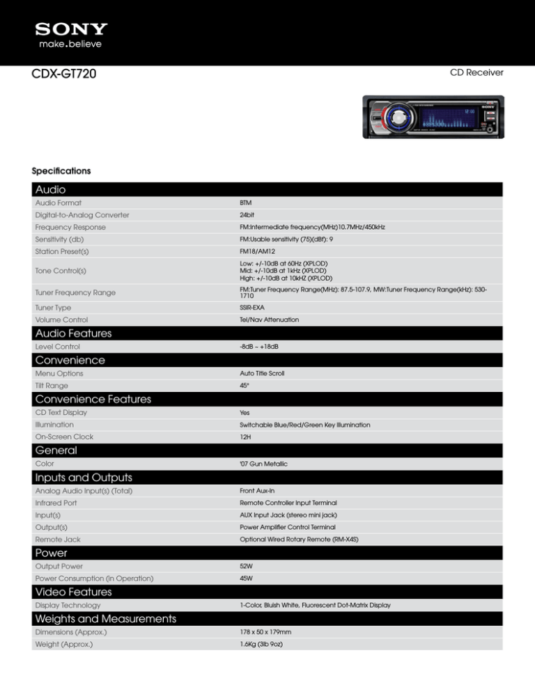 Sony CDX-GT720 Specification Sony CDX-GT720 Specification