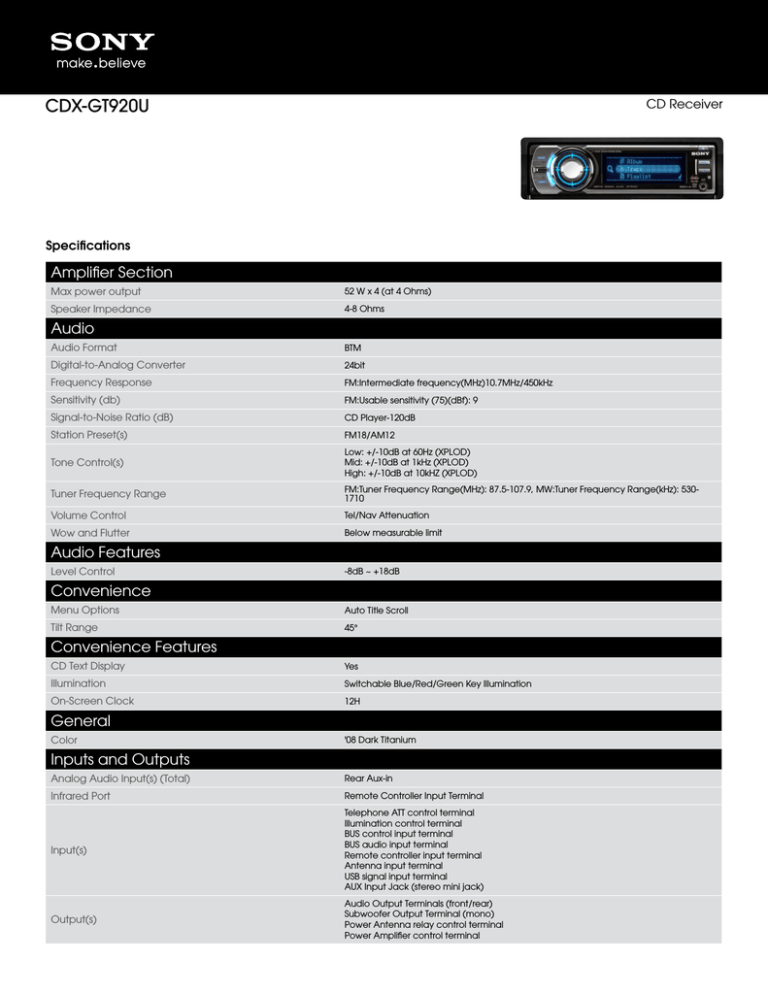 Sony CDX-GT920U Specification Sony CDX-GT920U Specification