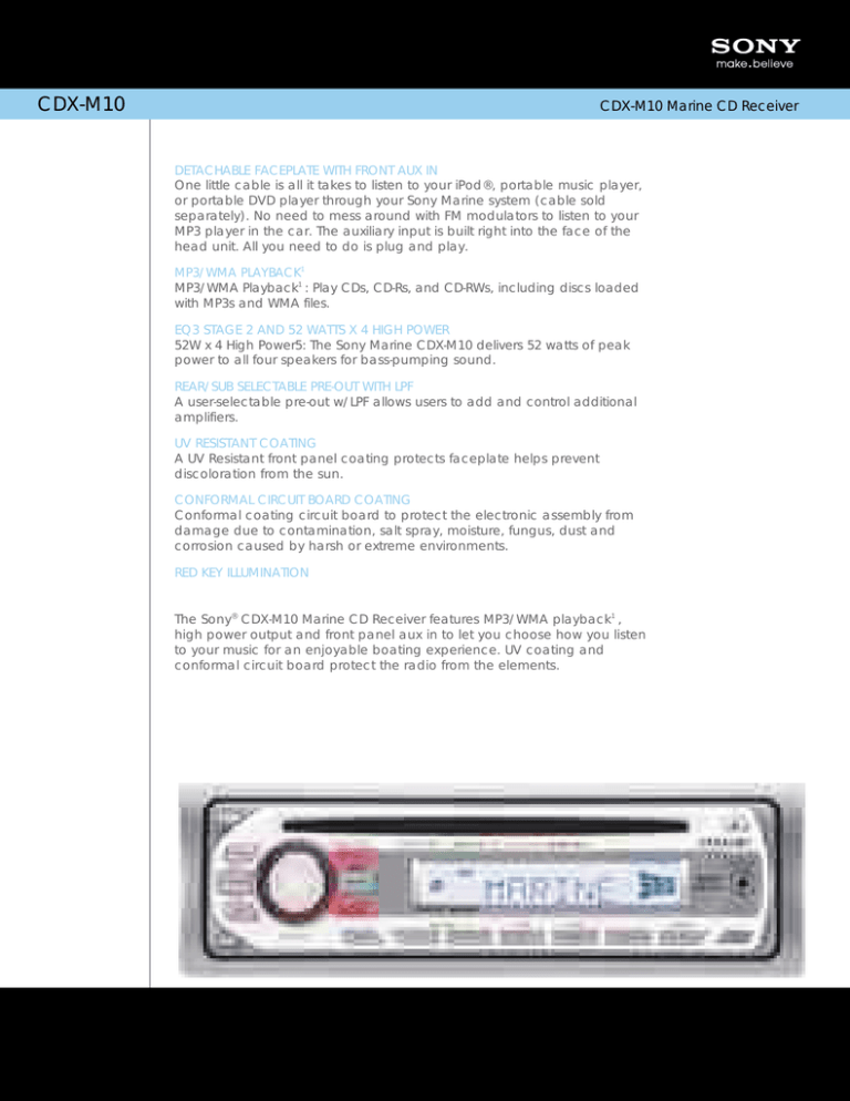 Sony CDX-M10 Specification Sony CDX-M10 Specification