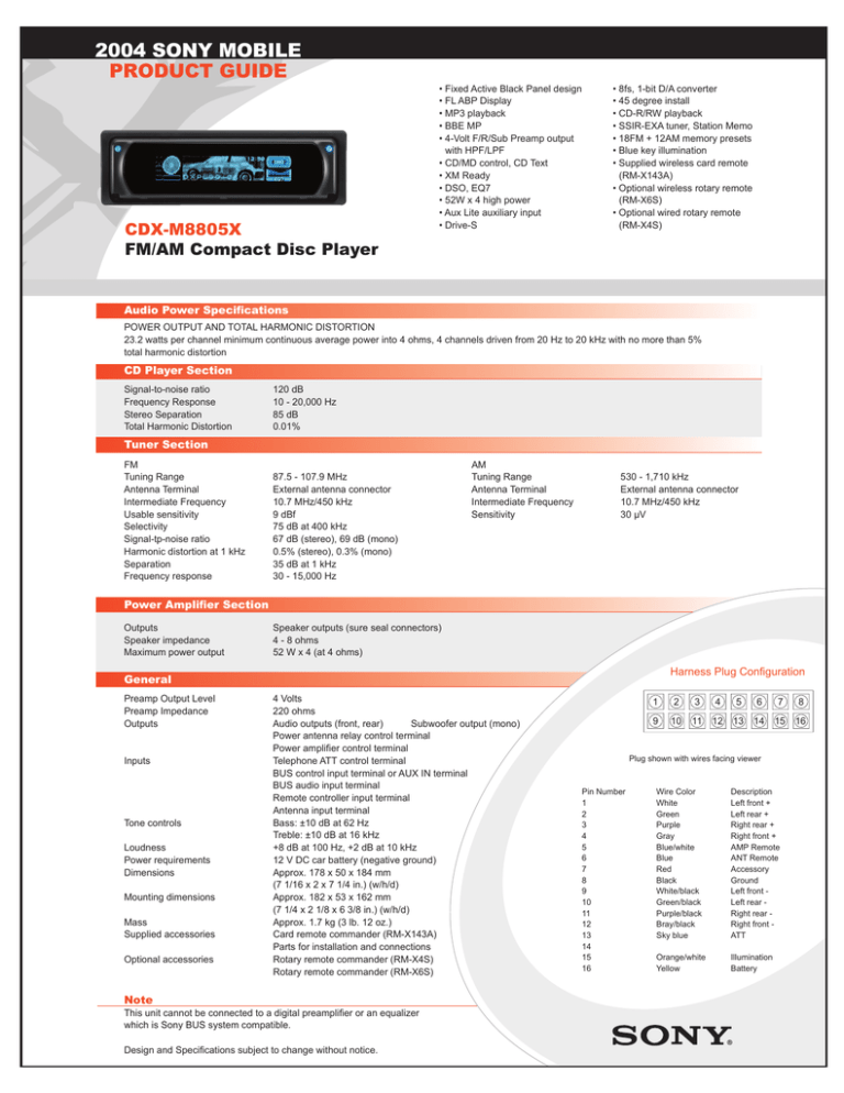 Sony CDX-M8805X Specification Sony CDX-M8805X Specification