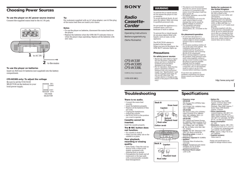 Sony CFS-W338S, CFS-W338L, CFS-W338 Owner's manual Sony CFS-W338S, CFS-W338L, CFS-W338 Owner's manual