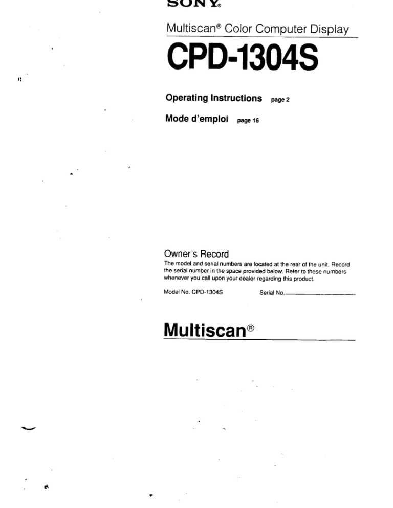 Sony CPD-1304S Operating instructions Sony CPD-1304S Operating instructions