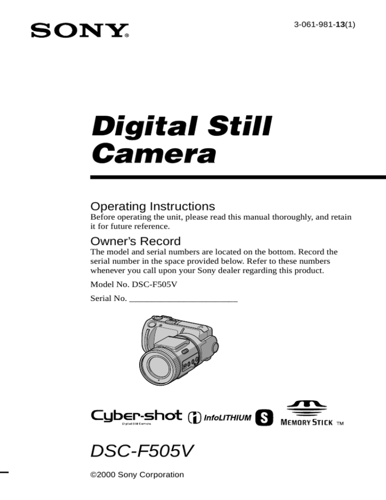 Sony Cyber-shot DSC-F505V, Cyber Shot DSC-F505V User's manual Sony Cyber-shot DSC-F505V, Cyber Shot DSC-F505V User's manual