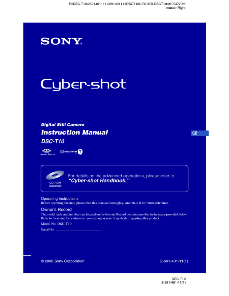 Sony Cyber-shot DSC-T10, Cyber Shot DSC-T10 User manual Sony Cyber-shot DSC-T10, Cyber Shot DSC-T10 User manual