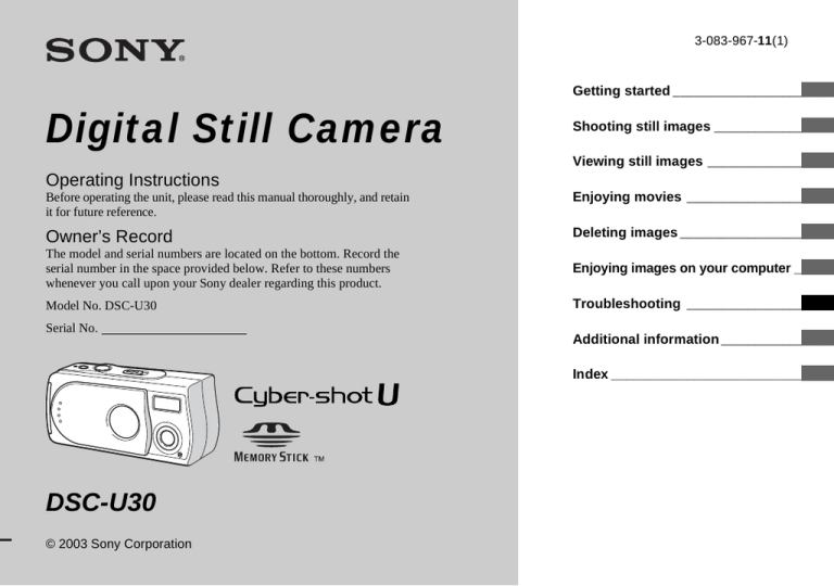 Sony DSC-U30, Cyber Shot DSC-U30 User manual Sony DSC-U30, Cyber Shot DSC-U30 User manual