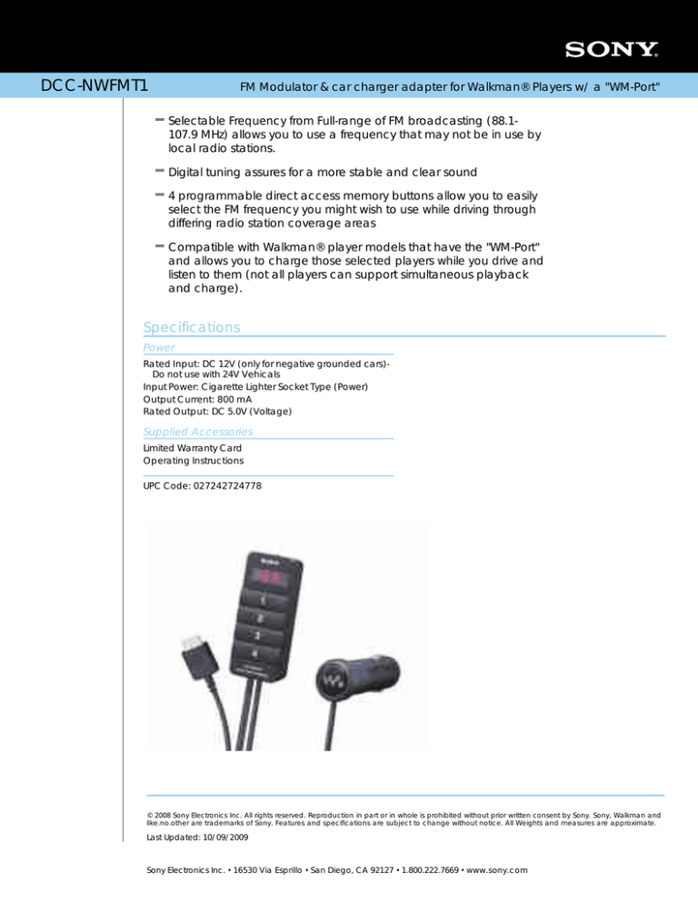 Sony DCC-NWFMT1 Specification Sony DCC-NWFMT1 Specification