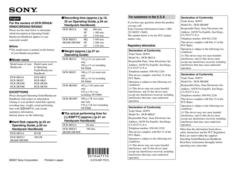 Sony DCR-SR200 Important information Sony DCR-SR200 Important information