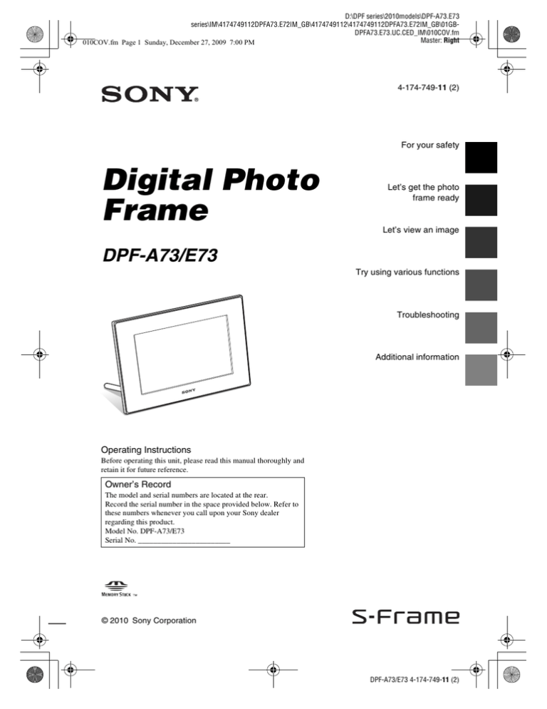 Sony DPF-A73, DPF-E73, DPF-A73/E73 User's manual Sony DPF-A73, DPF-E73, DPF-A73/E73 User's manual