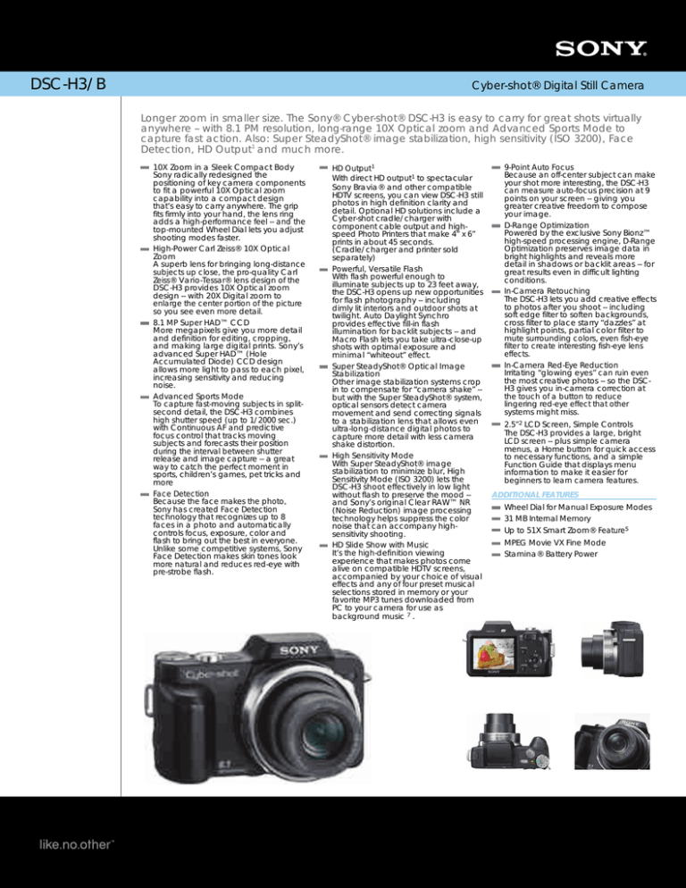 Sony DSC-H3/B Specification Sony DSC-H3/B Specification