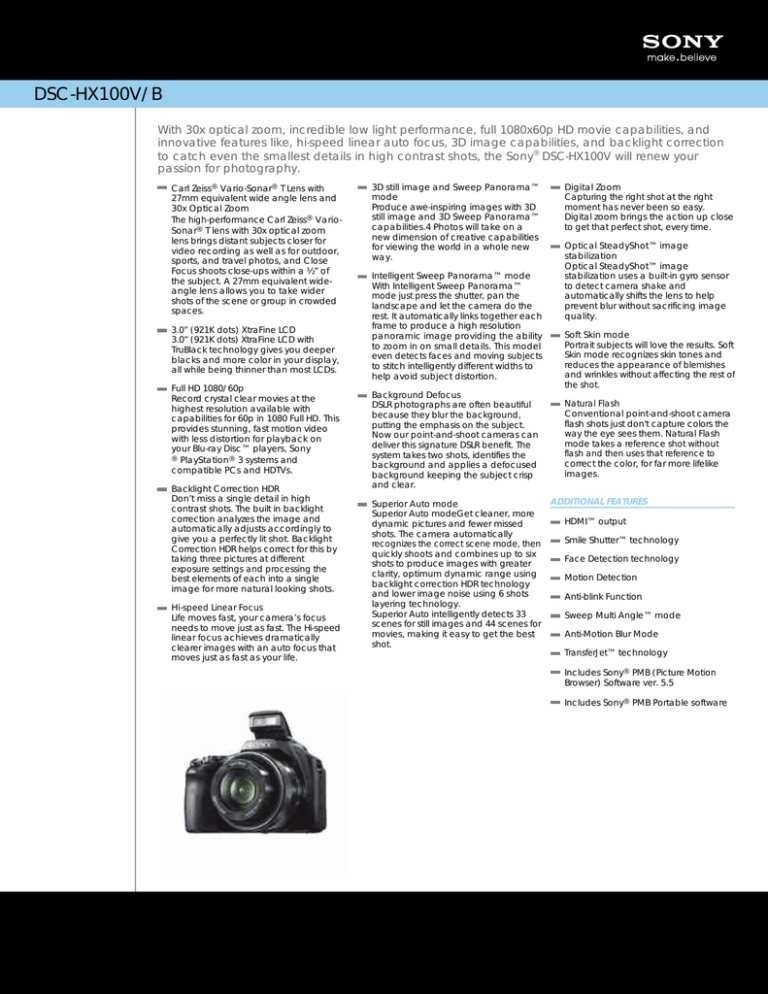 Sony DSC-HX100V/B Specification Sony DSC-HX100V/B Specification