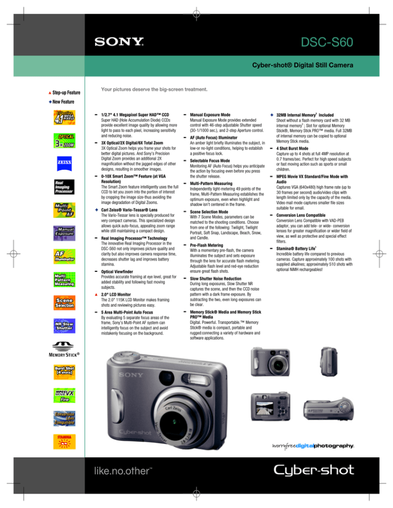Sony DSC-S60 Specification Sony DSC-S60 Specification