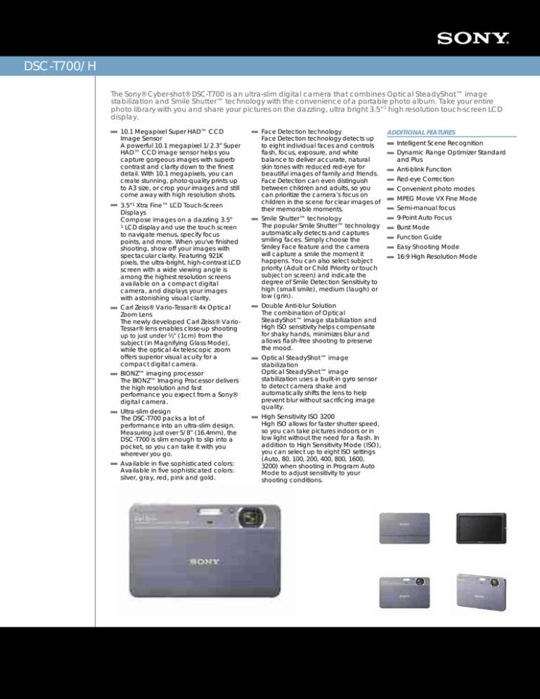 Sony DSC-T700/H Specification Sony DSC-T700/H Specification