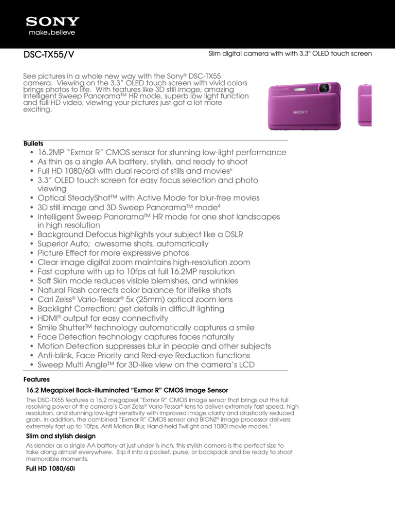 Sony DSC-TX55/V Specification Sony DSC-TX55/V Specification