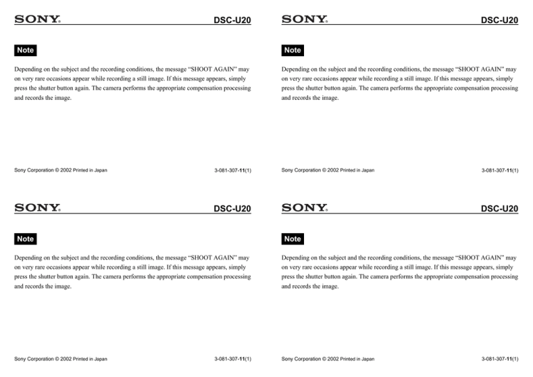Sony DSC-U20 Important information Sony DSC-U20 Important information