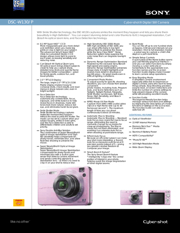 Sony DSC-W130/P Specification Sony DSC-W130/P Specification