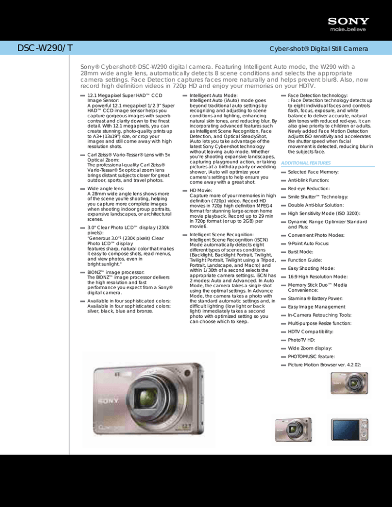 Sony DSC-W290/T Specification Sony DSC-W290/T Specification
