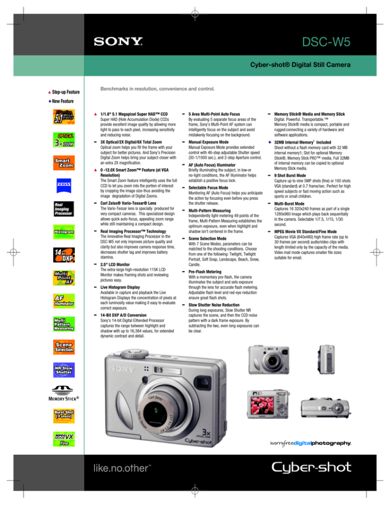 Sony DSC-W5 Specification Sony DSC-W5 Specification