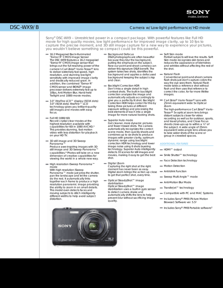 Sony DSC-WX9/B Specification Sony DSC-WX9/B Specification