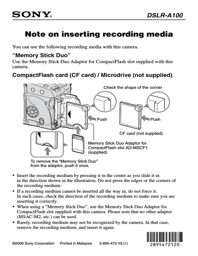 Sony DSLR-A100H Important information Sony DSLR-A100H Important information