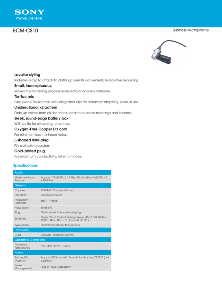 Sony ECM-CS10 Specification Sony ECM-CS10 Specification