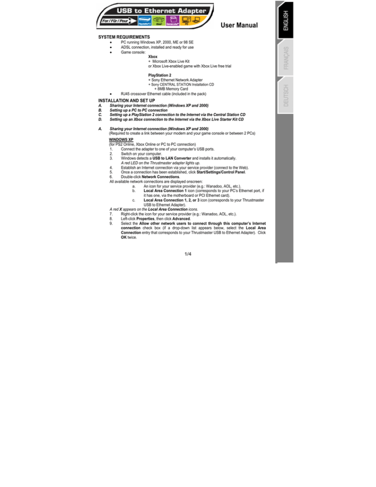 Sony Ethernet Network Adapter, USB TO ETHERNET ADAPTOR Owner's manual Sony Ethernet Network Adapter, USB TO ETHERNET ADAPTOR Owner's manual