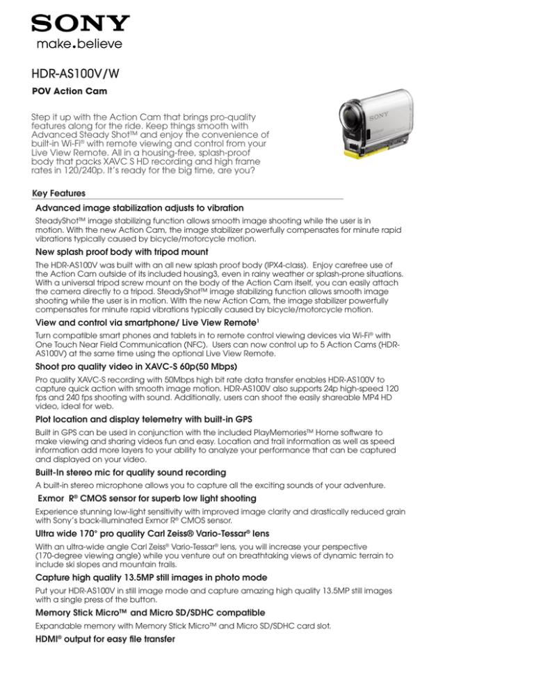 Sony HDR-AS100V/W Specification Sony HDR-AS100V/W Specification