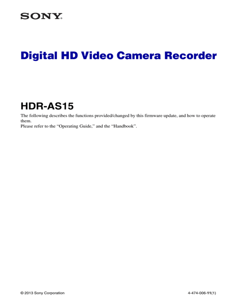 Sony HDR-AS15 Operating instructions Sony HDR-AS15 Operating instructions