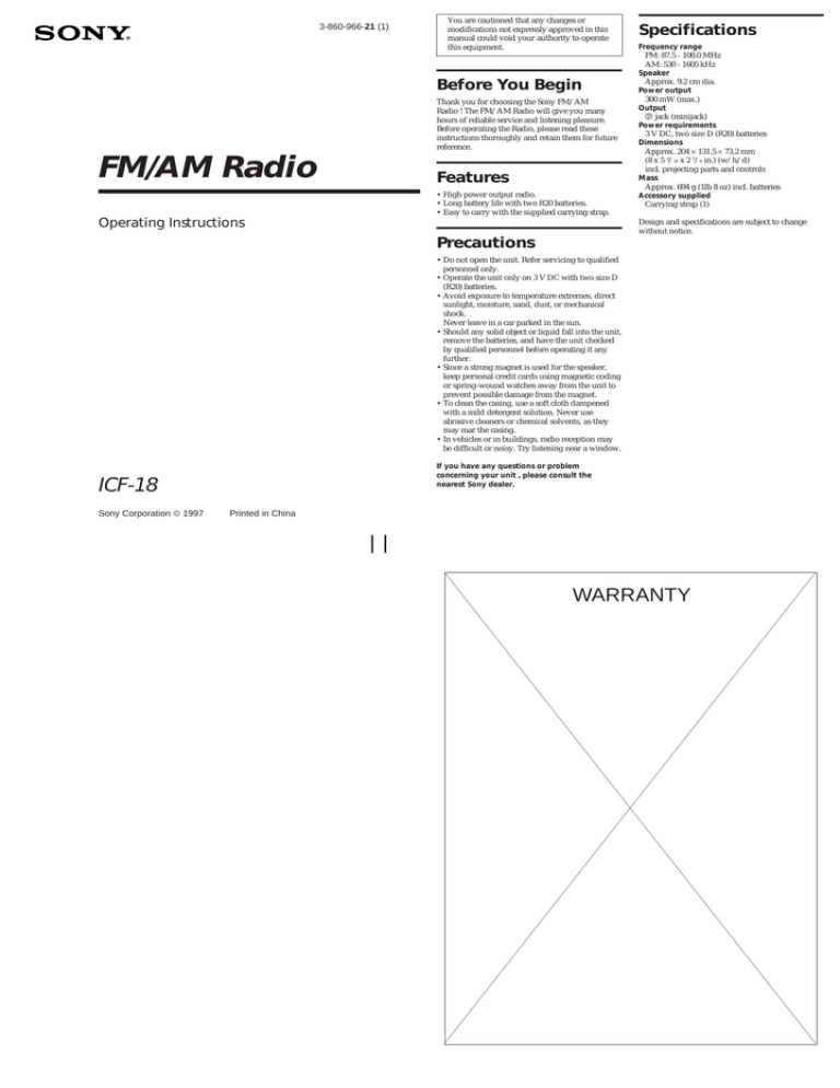 Sony ICF-18 User's manual Sony ICF-18 User's manual