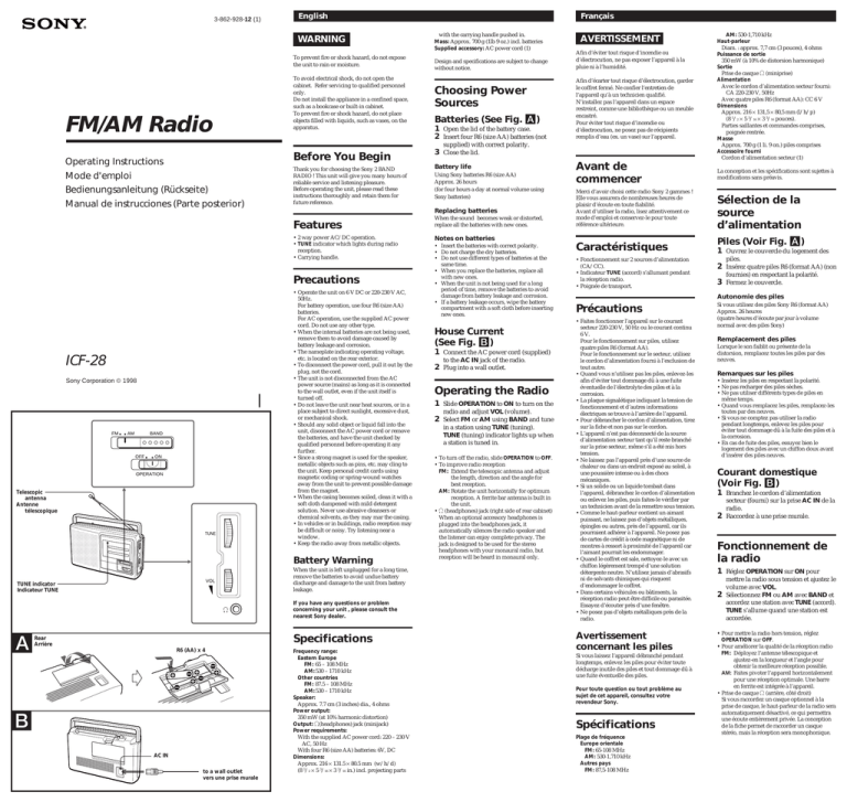 Sony ICF-28 Owner's manual Sony ICF-28 Owner's manual