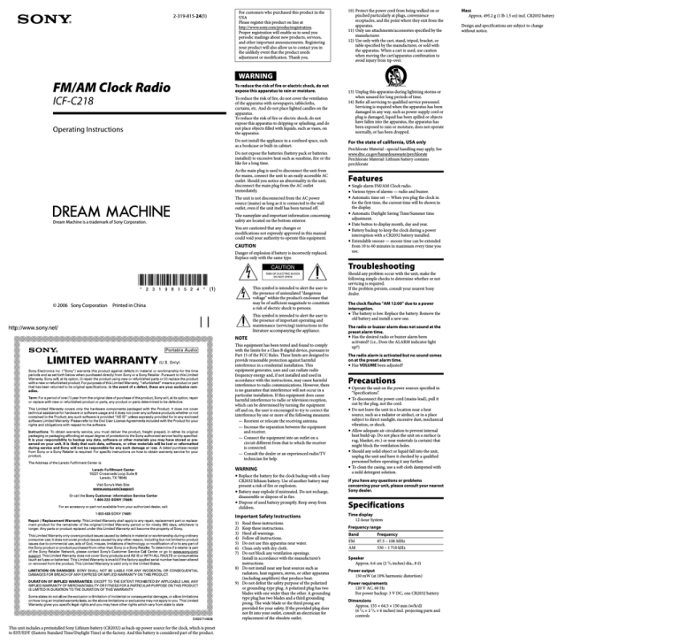 Sony ICF-C218BLACK Operating instructions Sony ICF-C218BLACK Operating instructions