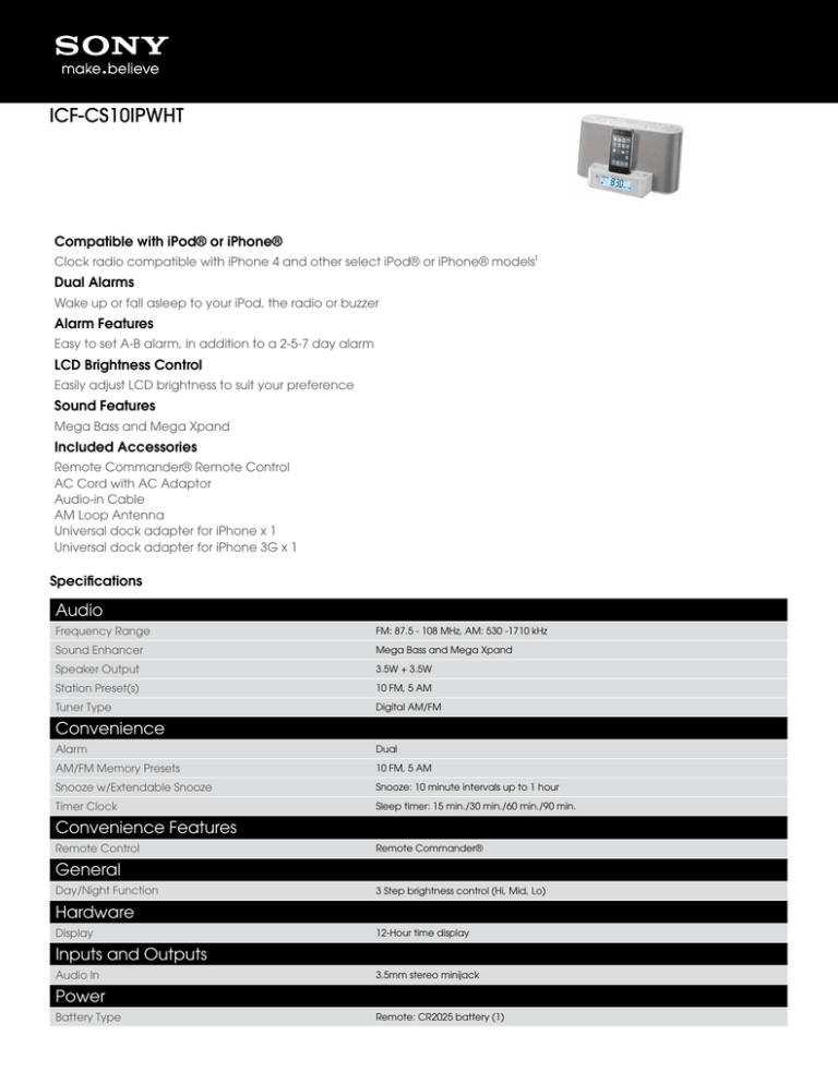 Sony ICF-CS10iPWHT Specification Sony ICF-CS10iPWHT Specification