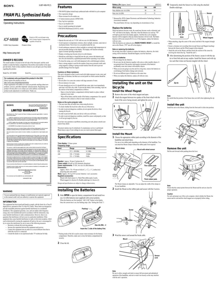 Sony ICF-M88B Operating instructions Sony ICF-M88B Operating instructions