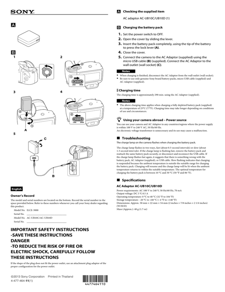 Sony ILCE-3000 Important information Sony ILCE-3000 Important information
