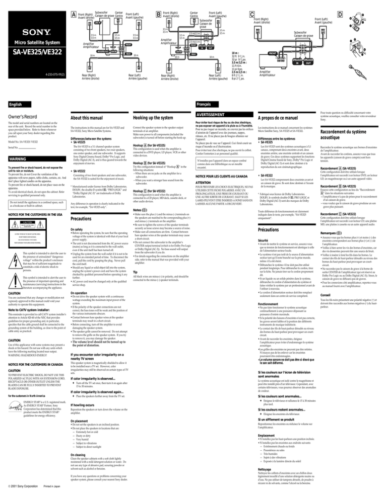 Sony SA-VE322, SA-VE325 User's manual Sony SA-VE322, SA-VE325 User's manual