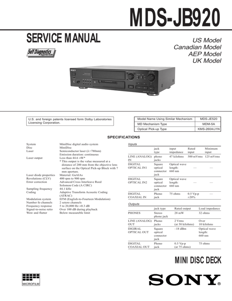 Sony MDS-JB920 User manual Sony MDS-JB920 User manual