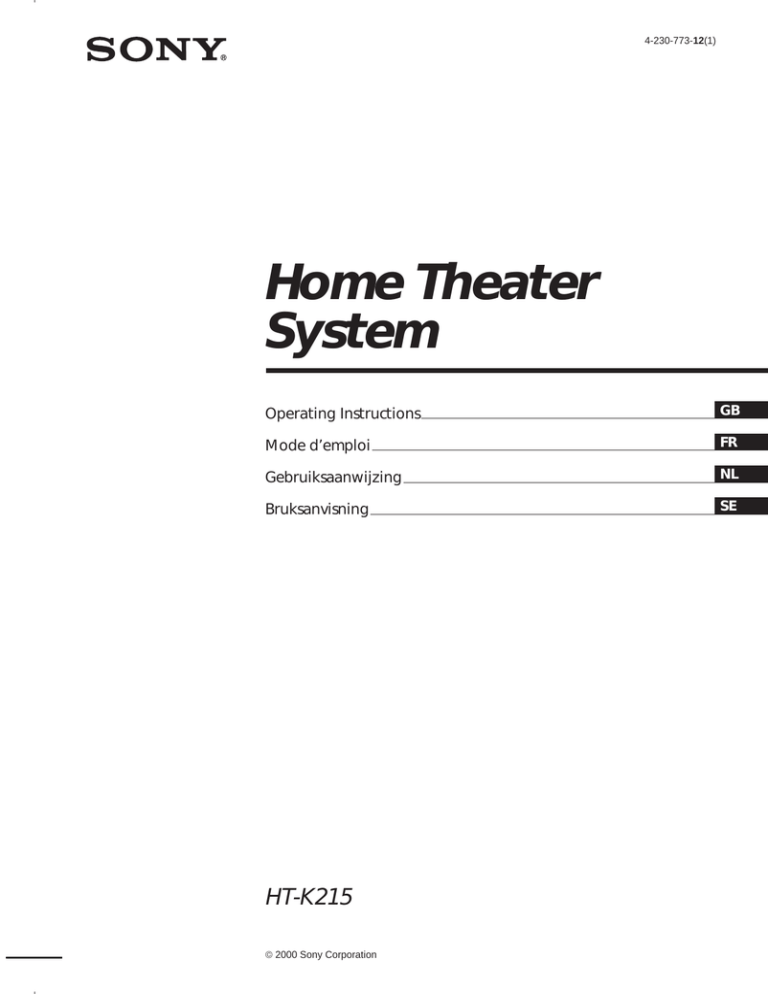 Sony Model HT-K215, HT-K215 Owner's manual Sony Model HT-K215, HT-K215 Owner's manual