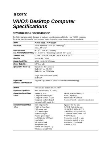 Sony PCV-RS400CGP Specification Sony PCV-RS400CGP Specification