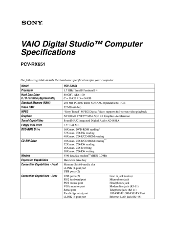 Sony PCV-RX651 Specification Sony PCV-RX651 Specification