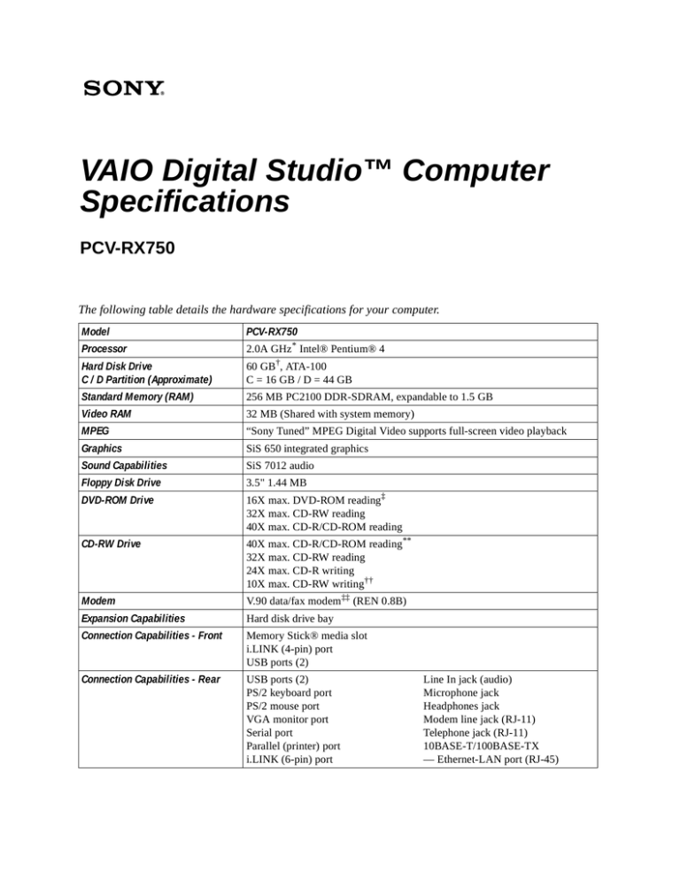 Sony PCV-RX753 Specification Sony PCV-RX753 Specification