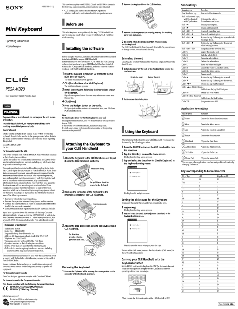 Sony PEGA-KB20 User's manual Sony PEGA-KB20 User's manual