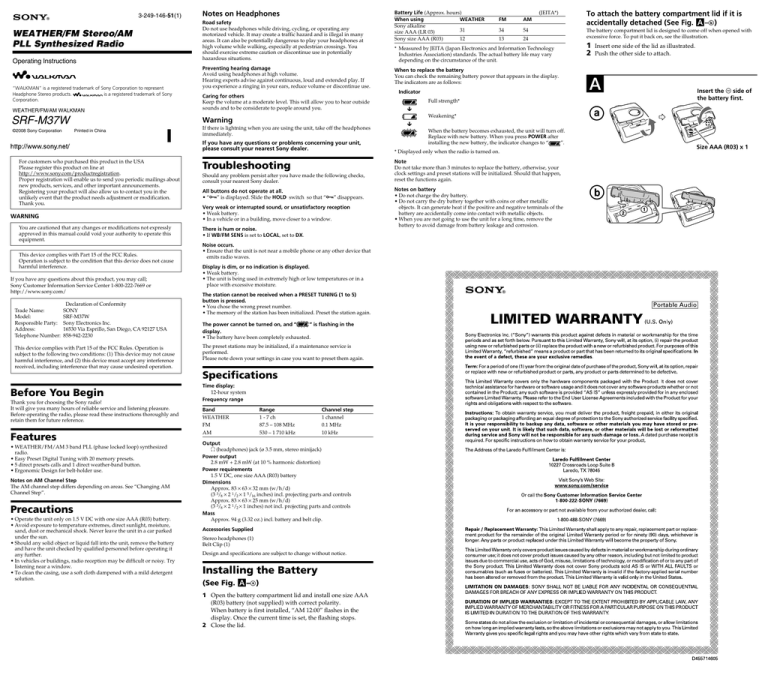 Sony SRF-M37W User's manual Sony SRF-M37W User's manual