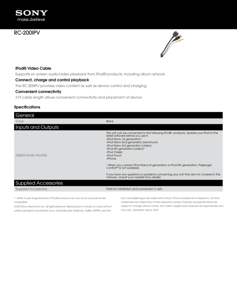 Sony RC-200iPV Specification Sony RC-200iPV Specification