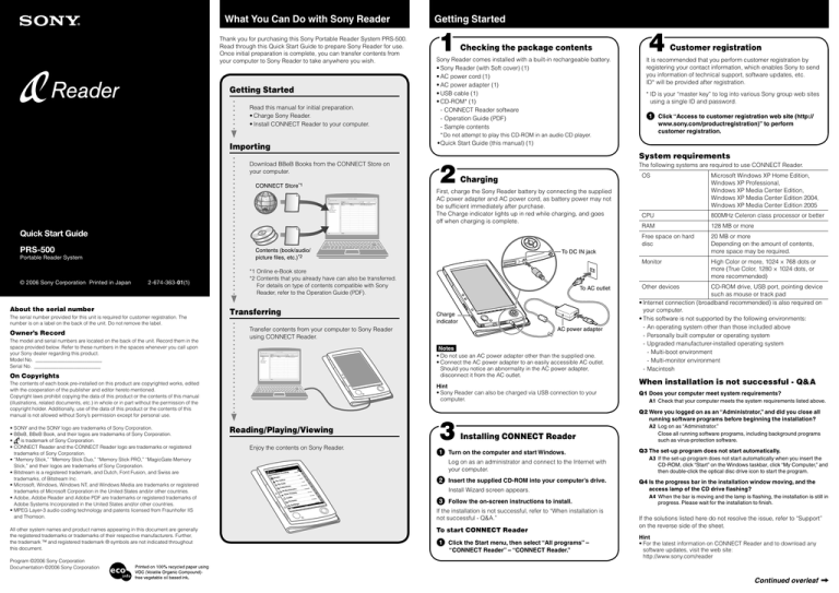 Sony READER PRS-500 User's manual Sony READER PRS-500 User's manual