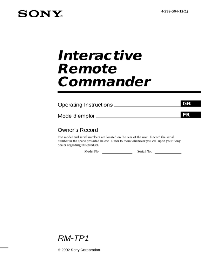 Sony RM-TP1 User manual Sony RM-TP1 User manual