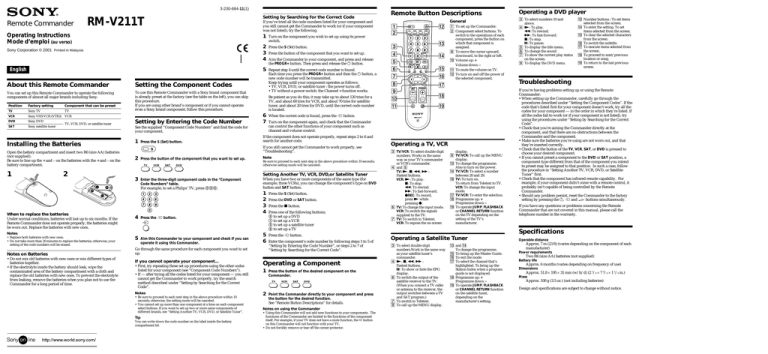 Sony RM-V211T User's manual Sony RM-V211T User's manual