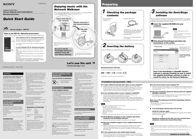 Sony NW-E103, NW-E107, NW-E105, 265 User's manual Sony NW-E103, NW-E107, NW-E105, 265 User's manual