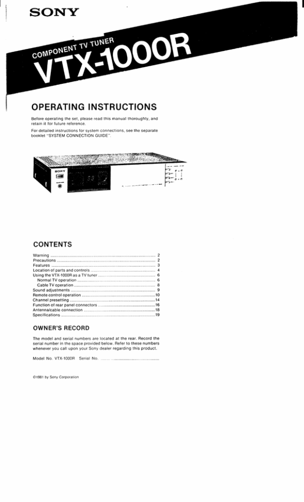 Sony VTX-1000R User manual Sony VTX-1000R User manual