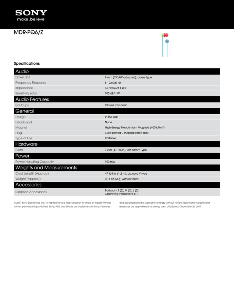 Sony MDRPQ6/Z User's manual Sony MDRPQ6/Z User's manual