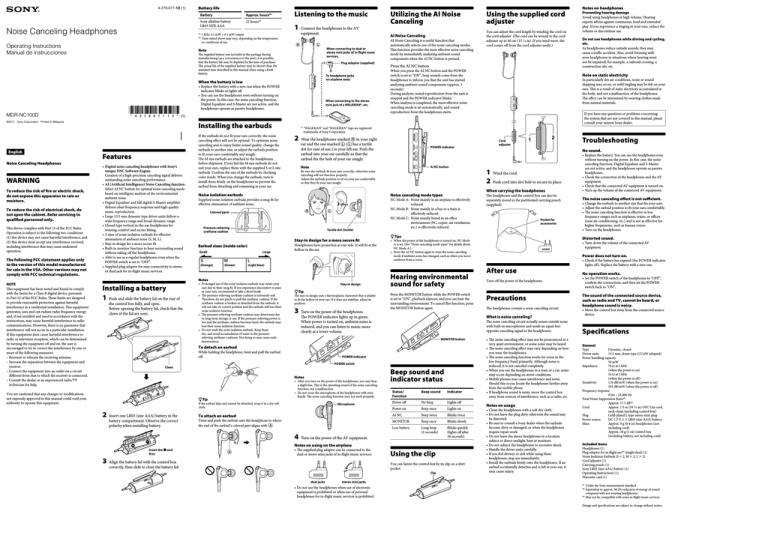 Sony Earphones MDRNC100D User's manual Sony Earphones MDRNC100D User's manual